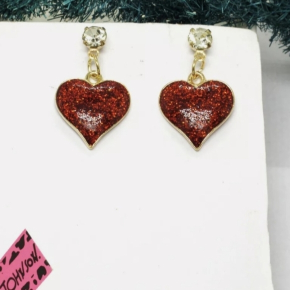 None Jewelry - Red Shimmery Heart Rhinestone Earrings Love Valentine New